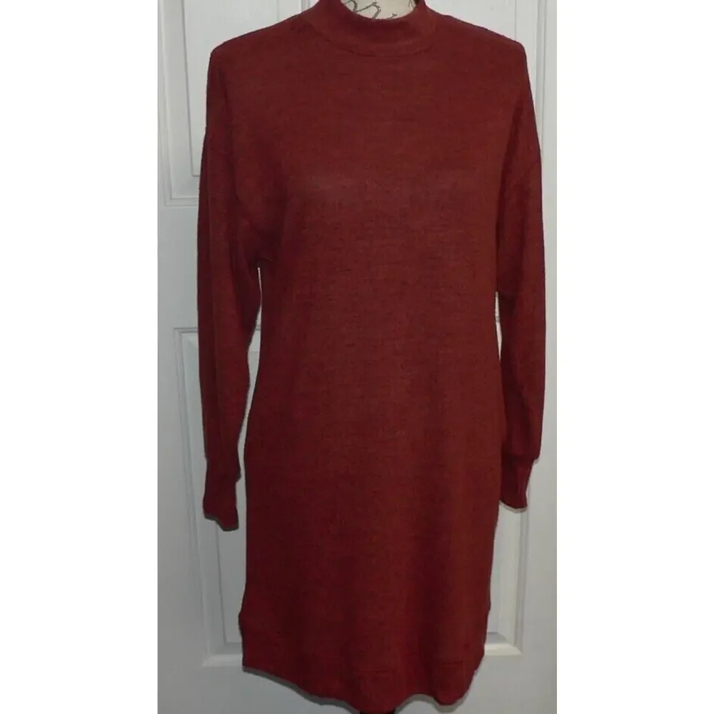 Socialite Women's Mock Neck Drop Shoulder Soft Knit Pocket Dress In Ginger Large - Picture 2 of 6